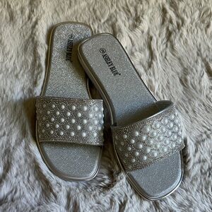 Ashley Blue Metallic Sandals with Pearl Accents